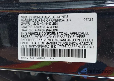2021 Honda Accord Hybrid Touring z USA, uszkodzony, nr VIN 1HGCV3F96MA018882